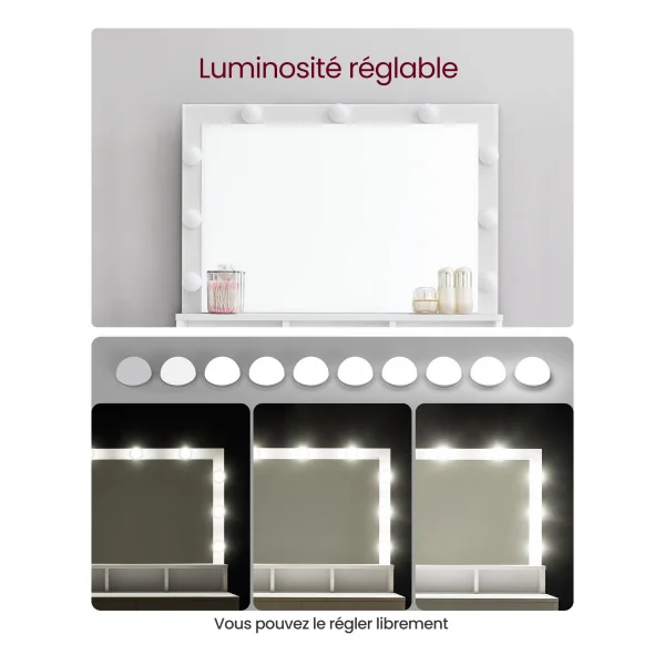 Coiffeuse Blanche Table de Maquillage avec 9 Ampoules LED, Luminosité Réglable 2 Tiroirs et 3 Compartiments de Rangement