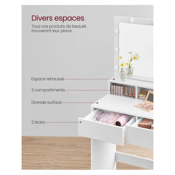Coiffeuse Blanche Table de Maquillage avec 9 Ampoules LED, Luminosité Réglable 2 Tiroirs et 3 Compartiments de Rangement