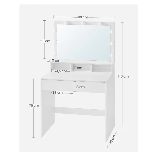 Coiffeuse Blanche Table de Maquillage avec 9 Ampoules LED, Luminosité Réglable 2 Tiroirs et 3 Compartiments de Rangement