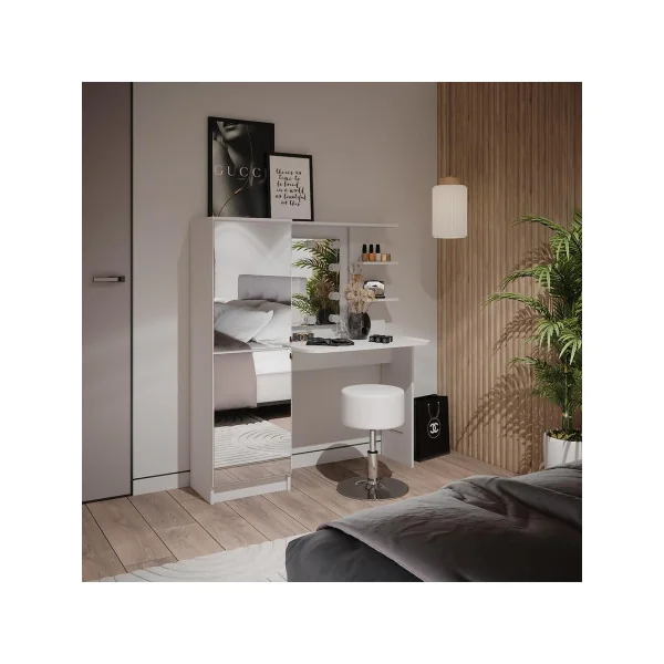 Coiffeuse Blanche + Tabouret + LED 2 Placards avec Double Miroir Table Maquillage Coiffeuse Femme avec Miroir