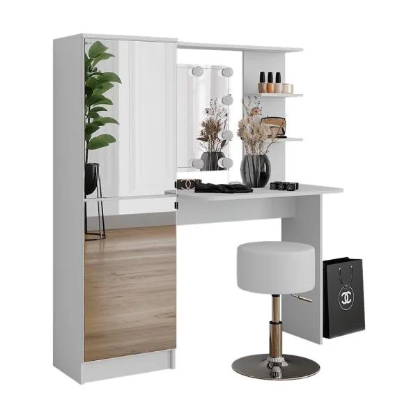 Coiffeuse Blanche + Tabouret + LED 2 Placards avec Double Miroir Table Maquillage Coiffeuse Femme avec Miroir