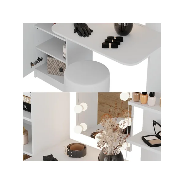 Coiffeuse Blanche + Tabouret + LED 2 Placards avec Double Miroir Table Maquillage Coiffeuse Femme avec Miroir