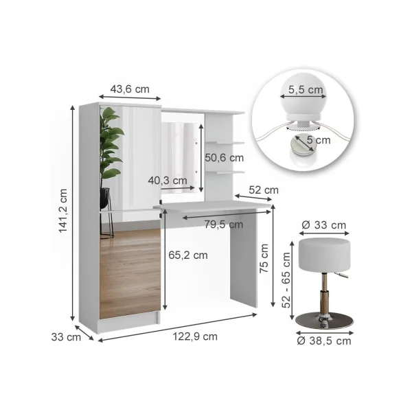 Coiffeuse Blanche + Tabouret + LED 2 Placards avec Double Miroir Table Maquillage Coiffeuse Femme avec Miroir