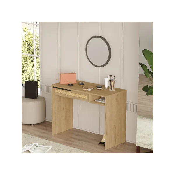 Coiffeuse Chêne et Rotin 100 x 45 x 75 cm Table de Maquillage Femme Moderne
