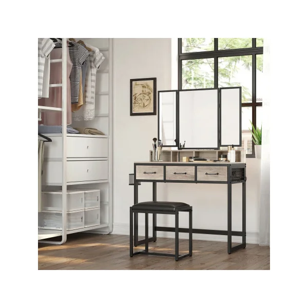 Coiffeuse Industrielle Miroir Triple Grège 3 Tiroirs avec Tabouret Table Maquillage