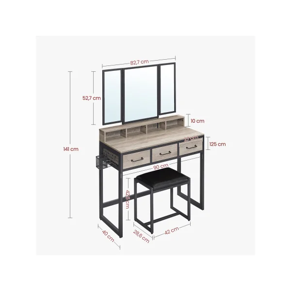 Coiffeuse Industrielle Miroir Triple Grège 3 Tiroirs avec Tabouret Table Maquillage