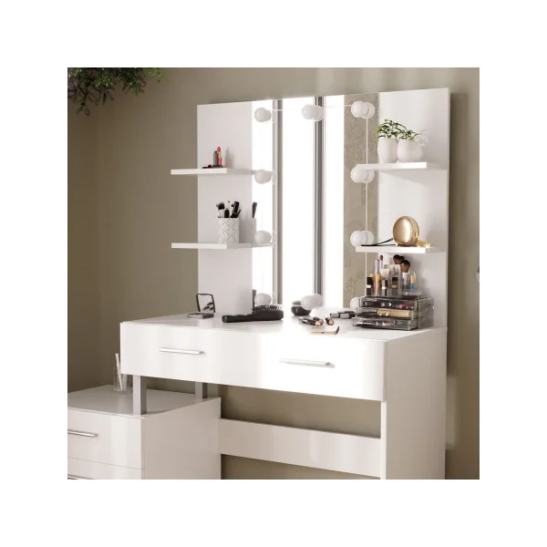 Coiffeuse LED 4 Tiroirs Blanc avec Miroir Moderne Table Maquillage Femme Coiffeuse Chambre