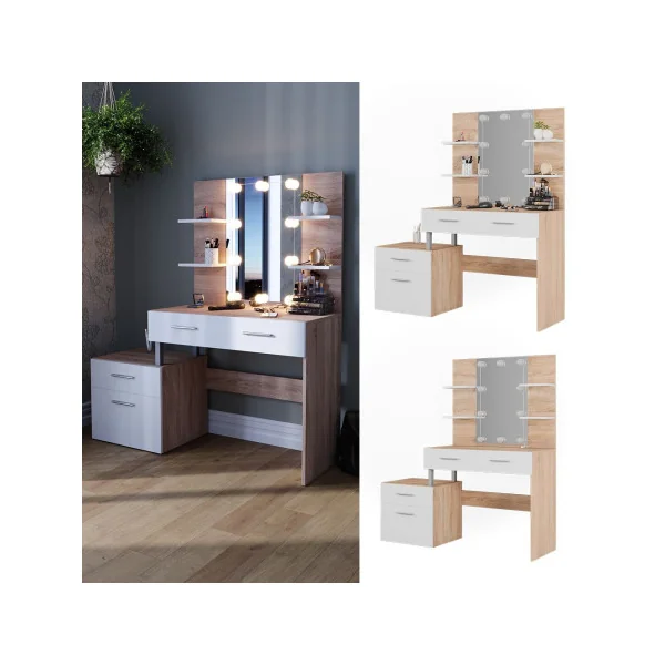 Coiffeuse LED 4 Tiroirs Blanc et Chêne avec Miroir Moderne Table Maquillage Femme Coiffeuse Chambre
