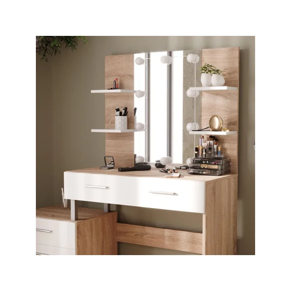 Coiffeuse LED 4 Tiroirs Blanc et Chêne avec Miroir Moderne Table Maquillage Femme Coiffeuse Chambre