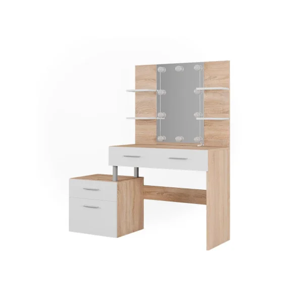 Coiffeuse LED 4 Tiroirs Blanc et Chêne avec Miroir Moderne Table Maquillage Femme Coiffeuse Chambre