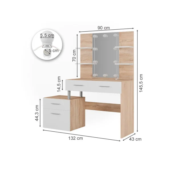 Coiffeuse LED 4 Tiroirs Blanc et Chêne avec Miroir Moderne Table Maquillage Femme Coiffeuse Chambre