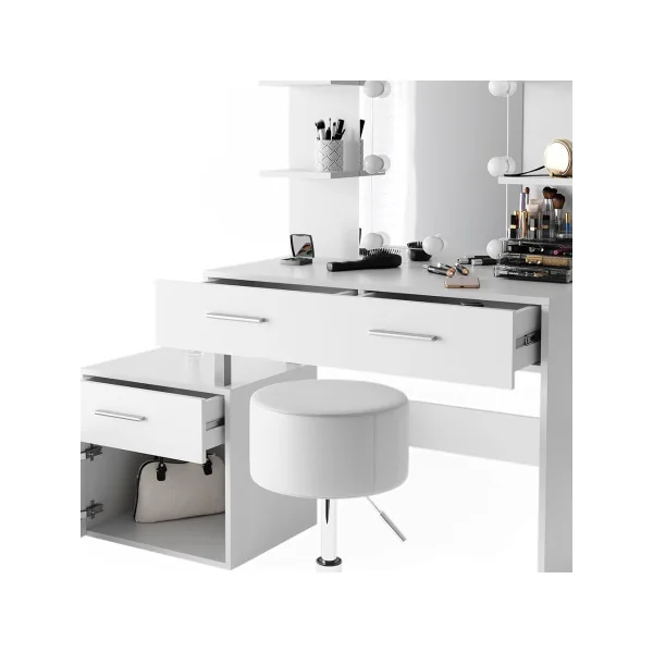 Coiffeuse LED + Tabouret 4 Tiroirs Blanc avec Miroir Moderne Table Maquillage Femme Coiffeuse Chambre