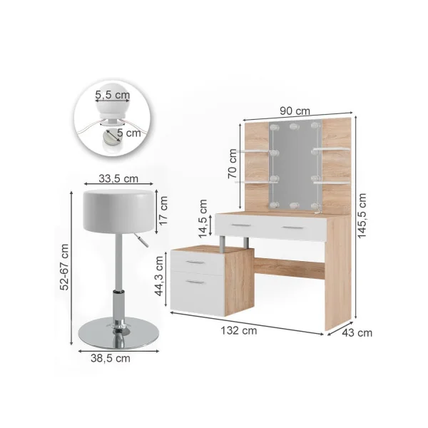 Coiffeuse LED + Tabouret 4 Tiroirs Blanc et Chêne avec Miroir Moderne Table Maquillage Femme Coiffeuse Chambre