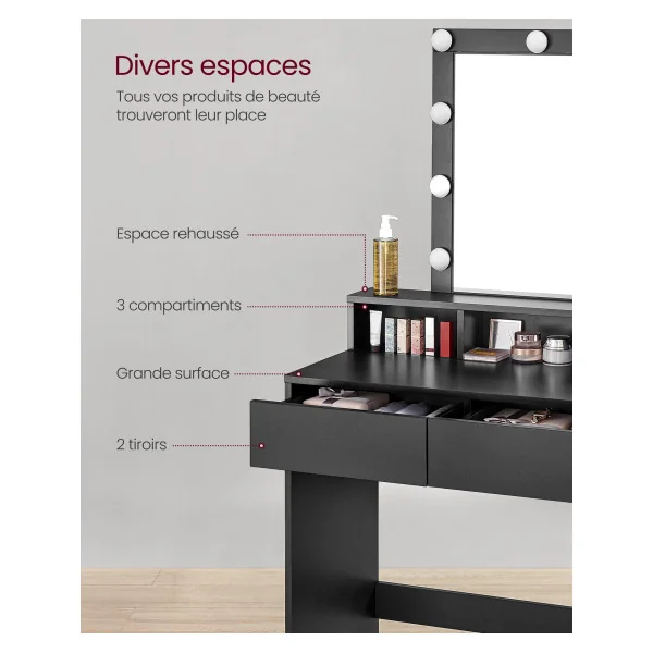 Coiffeuse Noir Miroir LED Table de Maquillage avec 2 Tiroirs et 3 Compartiments de Rangement