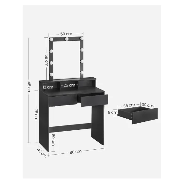 Coiffeuse Noir Miroir LED Table de Maquillage avec 2 Tiroirs et 3 Compartiments de Rangement