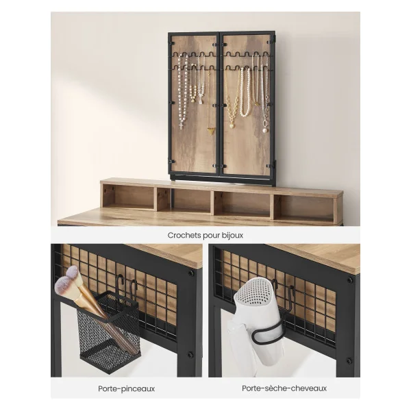 Coiffeuse Style Industriel avec Miroir Triple et Tabouret Table de Maquillage 3 Tiroirs Moderne