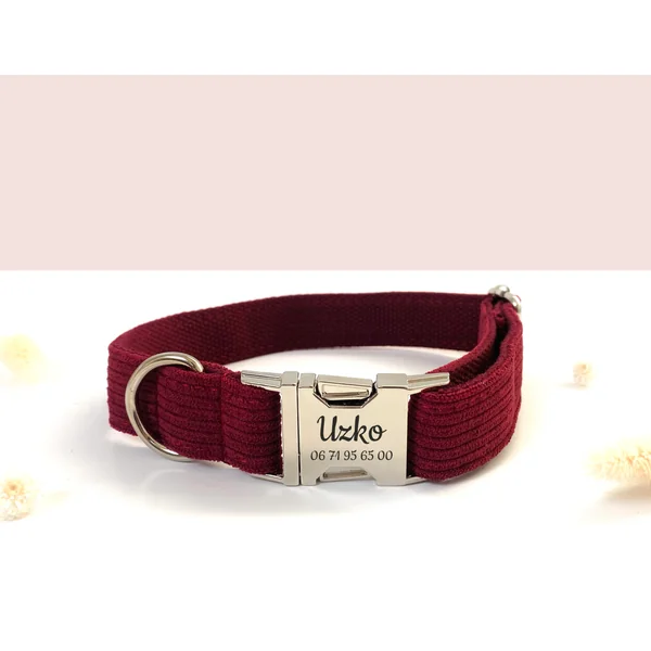 Collier Chien Personnalisé Velours Côtelé Bordeaux