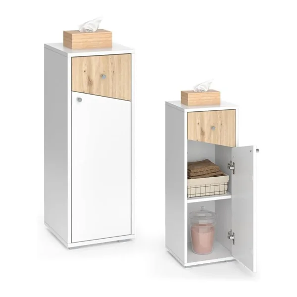 Colonne Basse Salle de Bain Chêne Artisan et Blanc 1 Placard 1 Tiroir Meuble Rangement Salle de Bain Armoire Basse