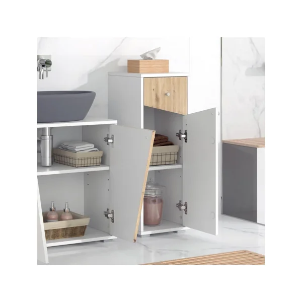 Colonne Basse Salle de Bain Chêne Artisan et Blanc 1 Placard 1 Tiroir Meuble Rangement Salle de Bain Armoire Basse