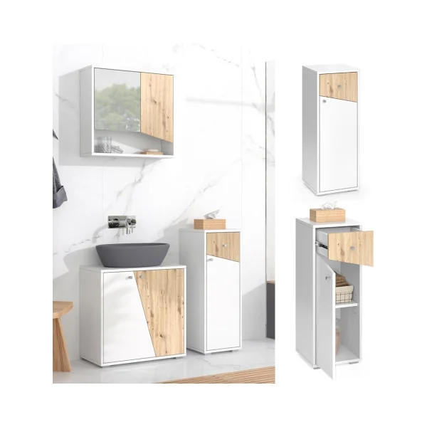 Colonne Basse Salle de Bain Chêne Artisan et Blanc 1 Placard 1 Tiroir Meuble Rangement Salle de Bain Armoire Basse