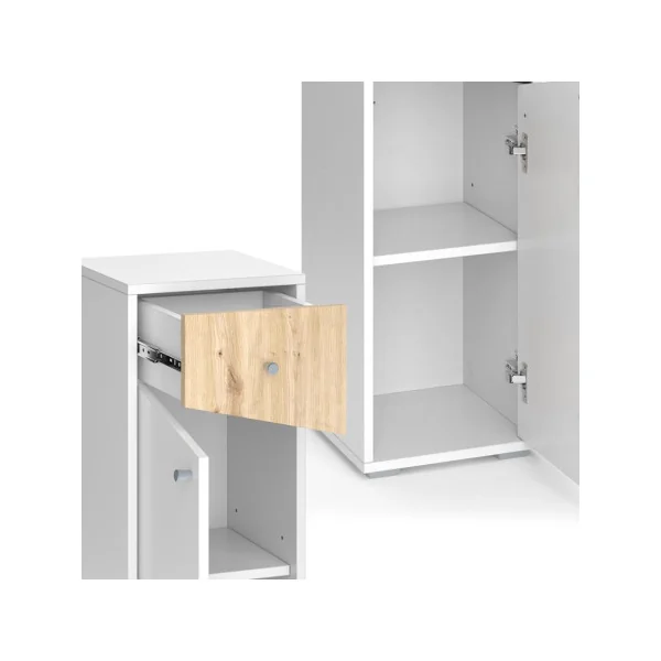 Colonne Basse Salle de Bain Chêne Artisan et Blanc 1 Placard 1 Tiroir Meuble Rangement Salle de Bain Armoire Basse