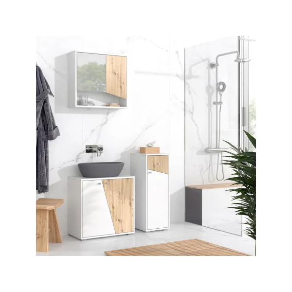 Colonne Basse Salle de Bain Chêne Artisan et Blanc 1 Placard 1 Tiroir Meuble Rangement Salle de Bain Armoire Basse