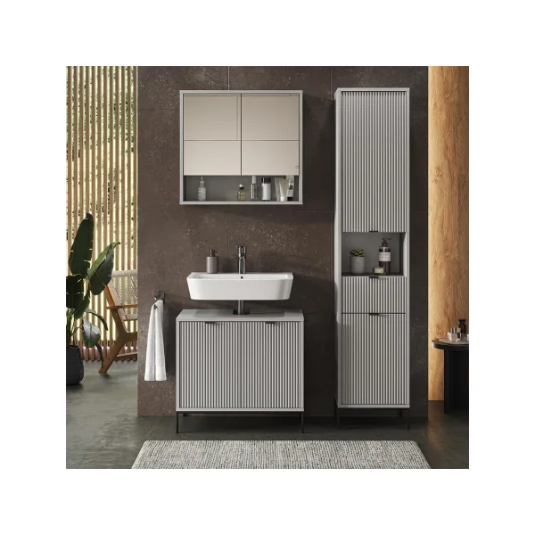 Colonne de Salle de Bain 190 cm Gris Rainuré Armoire Haute de Salle de Bain Rangement Salle de Bain