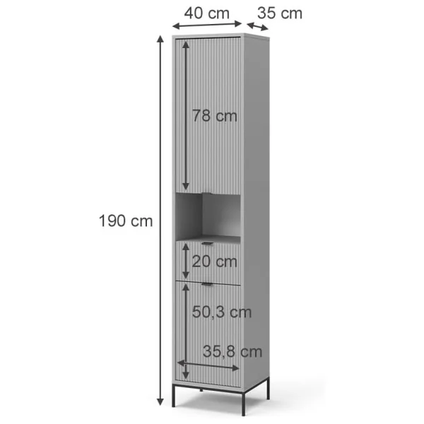 Colonne de Salle de Bain 190 cm Gris Rainuré Armoire Haute de Salle de Bain Rangement Salle de Bain
