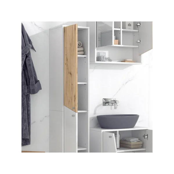 Colonne Salle de Bain Chêne Artisan et Blanc 2 Placards Meuble Rangement Salle de Bain Armoire Haute