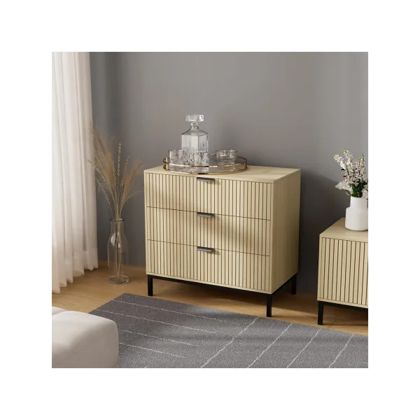 Commode 3 Tiroirs Chêne Graphique Pied Métal Noir Rangement Salon Chambre Moderne