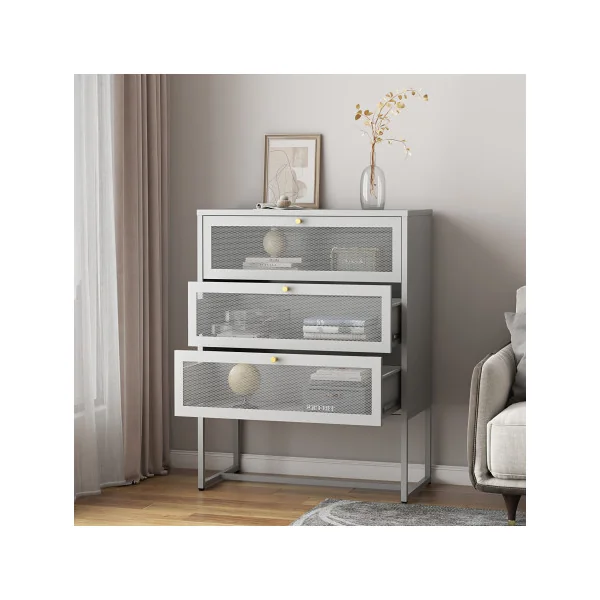 Commode 3 Tiroirs en Acier Gris 80 x 40 x 105 cm Meuble de Rangement Salon Chambre Bureau