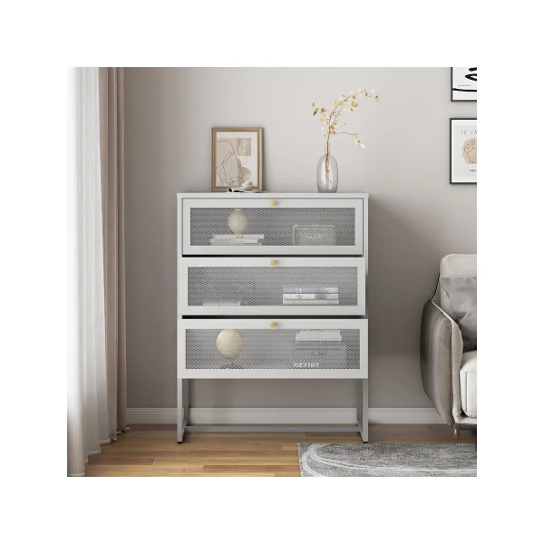 Commode 3 Tiroirs en Acier Gris 80 x 40 x 105 cm Meuble de Rangement Salon Chambre Bureau