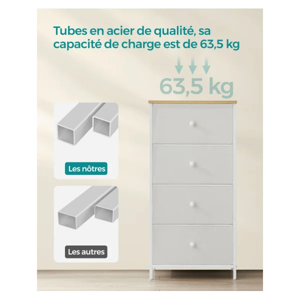 Commode 4 Tiroirs Meuble de Rangement pour Chambre Gris et Blanc