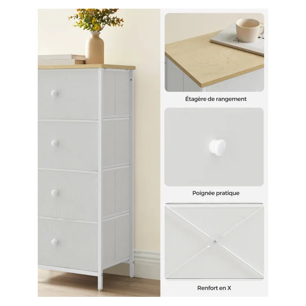 Commode 4 Tiroirs Meuble de Rangement pour Chambre Gris et Blanc