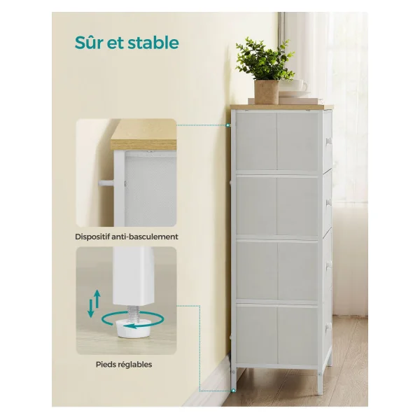 Commode 4 Tiroirs Meuble de Rangement pour Chambre Gris et Blanc
