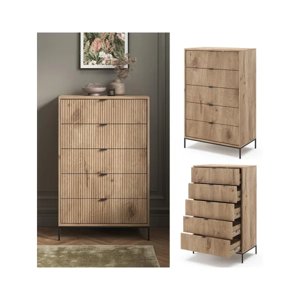 Commode 5 Tiroirs Design Chêne Graphique Commode Chambre Moderne Meuble Rangement Salon