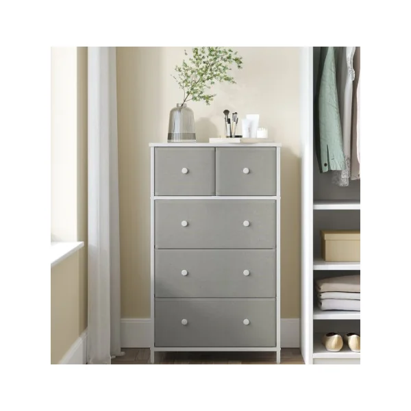 Commode 5 Tiroirs en Tissu Gris Clair et Blanc Meuble de Rangement chambre Salon Couloir