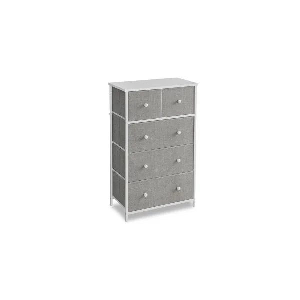 Commode 5 Tiroirs en Tissu Gris Clair et Blanc Meuble de Rangement chambre Salon Couloir