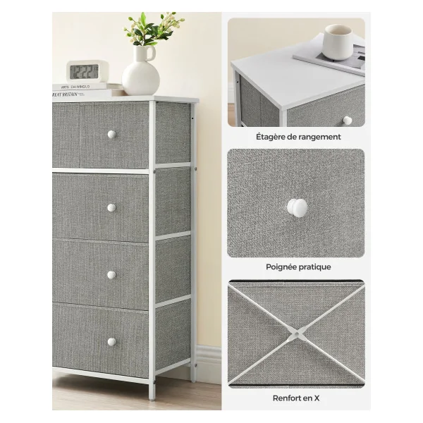 Commode 5 Tiroirs en Tissu Gris Clair et Blanc Meuble de Rangement chambre Salon Couloir