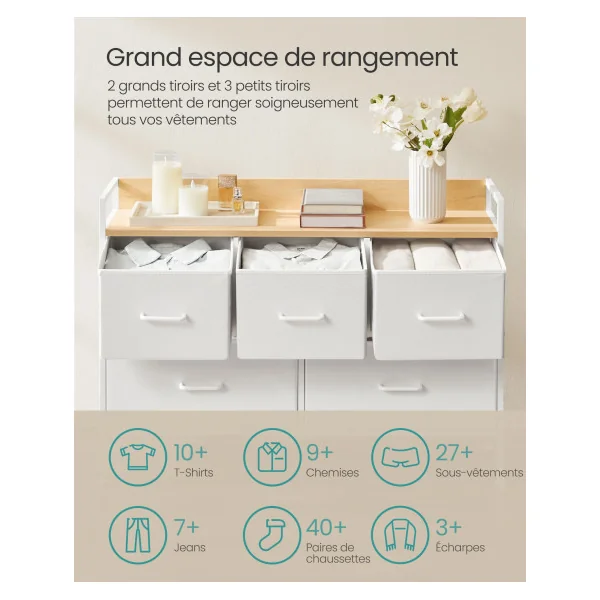 Commode 5 Tiroirs en Tissu Meuble de Rangement avec Poignées Blanc Nuage et Beige Chêne