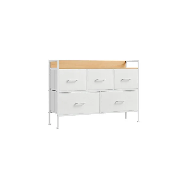 Commode 5 Tiroirs en Tissu Meuble de Rangement avec Poignées Blanc Nuage et Beige Chêne