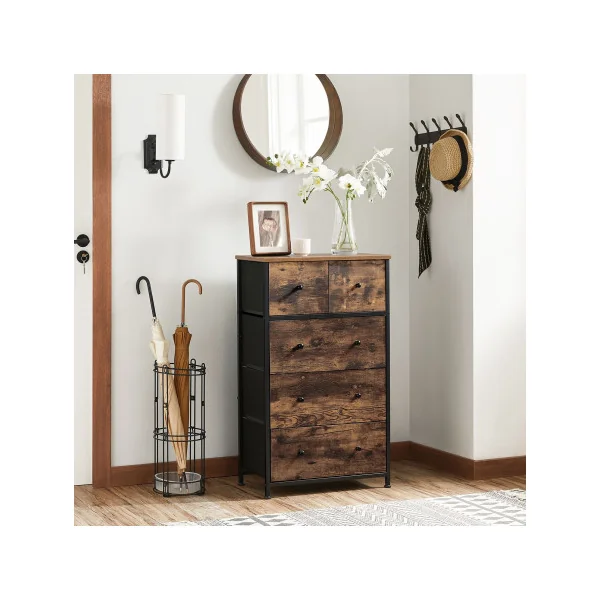 Commode 5 Tiroirs Marron Rustique Noir Meuble de Rangement Industriel Chambre Salon