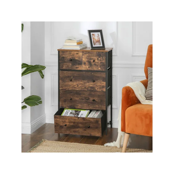 Commode 5 Tiroirs Marron Rustique Noir Meuble de Rangement Industriel Chambre Salon