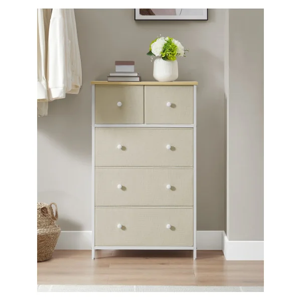 Commode 5 Tiroirs Tissu Blanc Crème Meuble de Rangement Chambre Salon