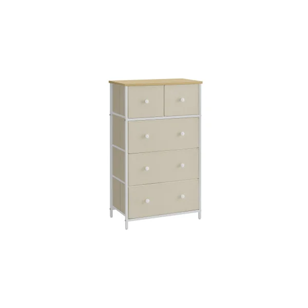 Commode 5 Tiroirs Tissu Blanc Crème Meuble de Rangement Chambre Salon