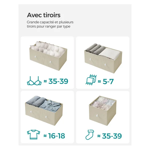 Commode 5 Tiroirs Tissu Blanc Crème Meuble de Rangement Chambre Salon
