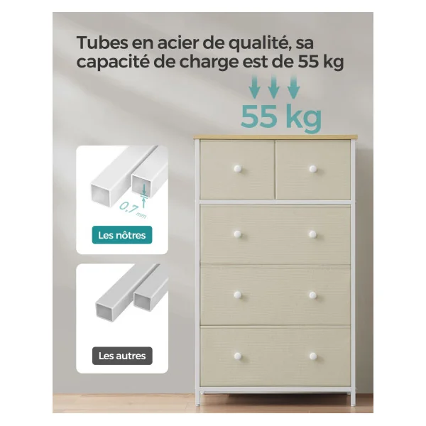 Commode 5 Tiroirs Tissu Blanc Crème Meuble de Rangement Chambre Salon