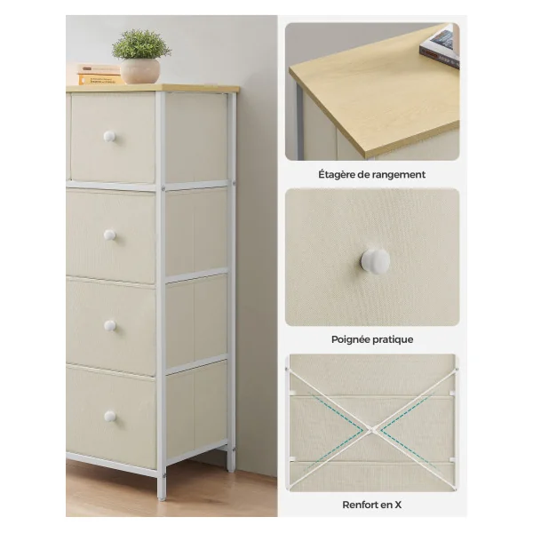 Commode 5 Tiroirs Tissu Blanc Crème Meuble de Rangement Chambre Salon