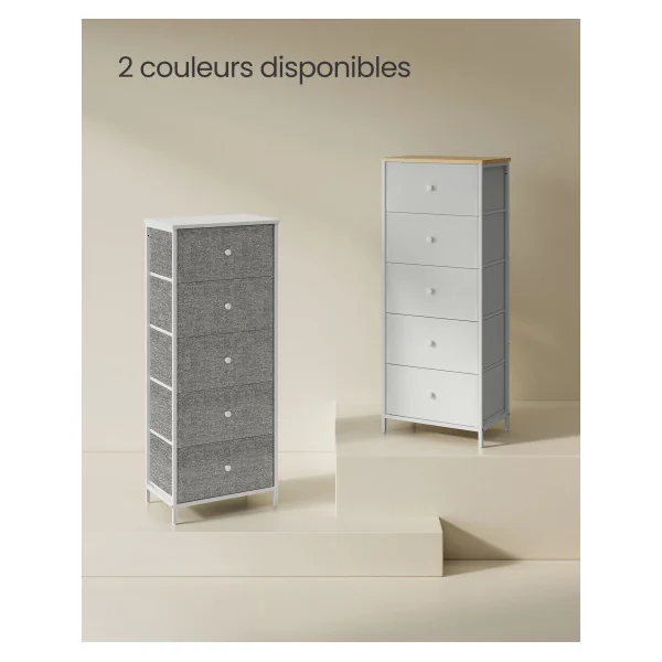 Commode 5 Tiroirs Tissu Blanc et Jaune Camel Structure en Métal Meuble Rangement Chambre Salon