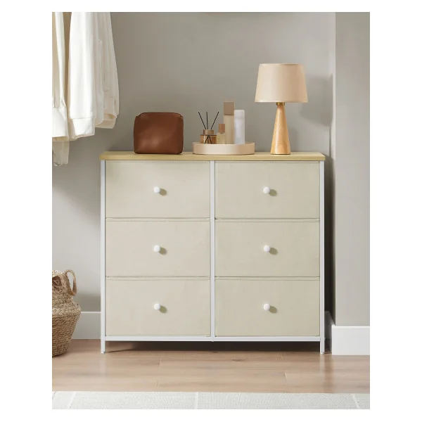 Commode 6 Tiroirs en Tissu Blanc Crème Meuble de Rangement Cadre en Acier Blanc